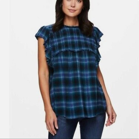 BEACHLUNCHLOUNGE Lori Blue Plaid Lori Ruffled Sleeveless Top - Size Small - Picture 1 of 5